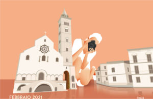 illustrazione della città di Trani con donna fotografa -autoservizi tempesta calendario